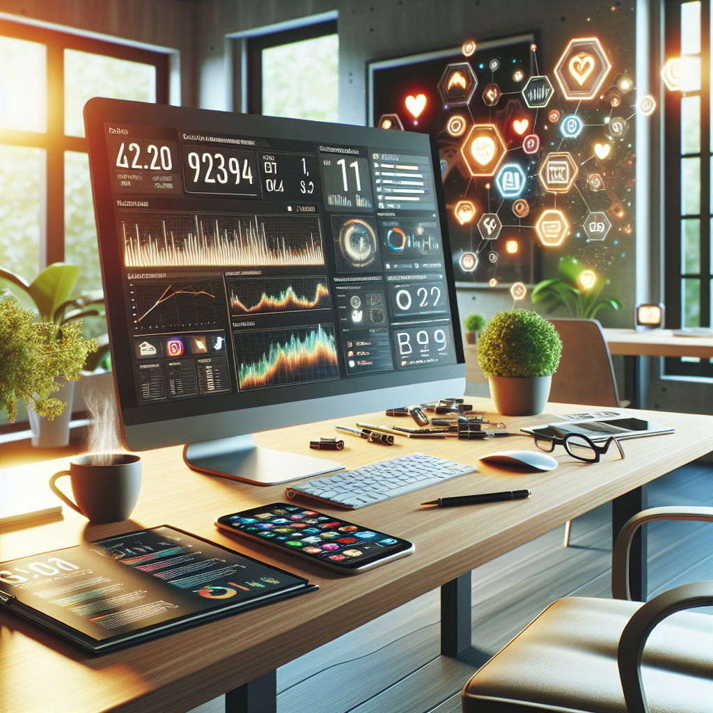 A realistic social media management workspace with a computer, smartphone, digital marketing tools, a cup of coffee, and plants.