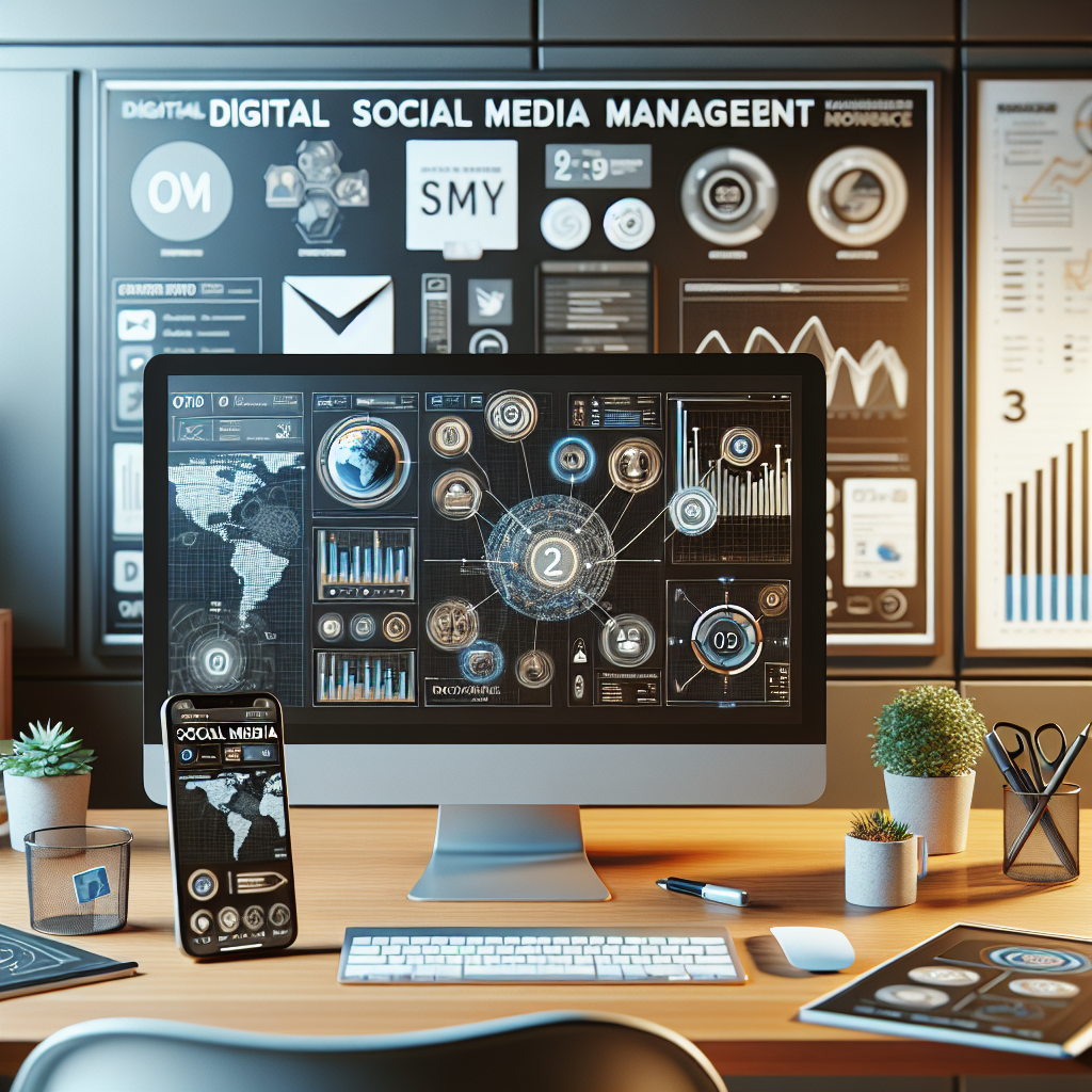 A professional and realistic social media management workspace with modern computer setup.