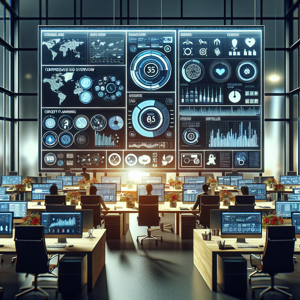 A realistic representation of a social media management workspace with multiple screens showing analytics and social media platforms.