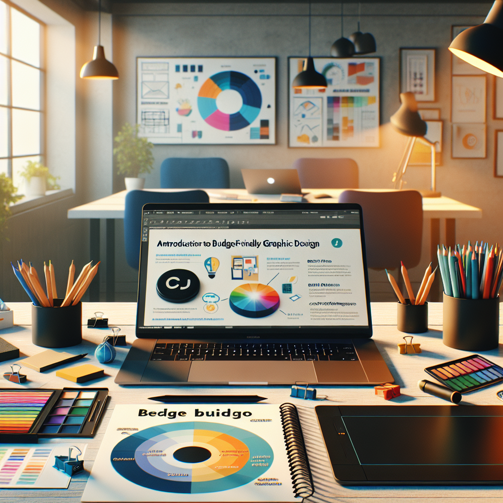 An introductory guide to affordable graphic design with tools like a laptop and graphic tablet on a clean workspace.