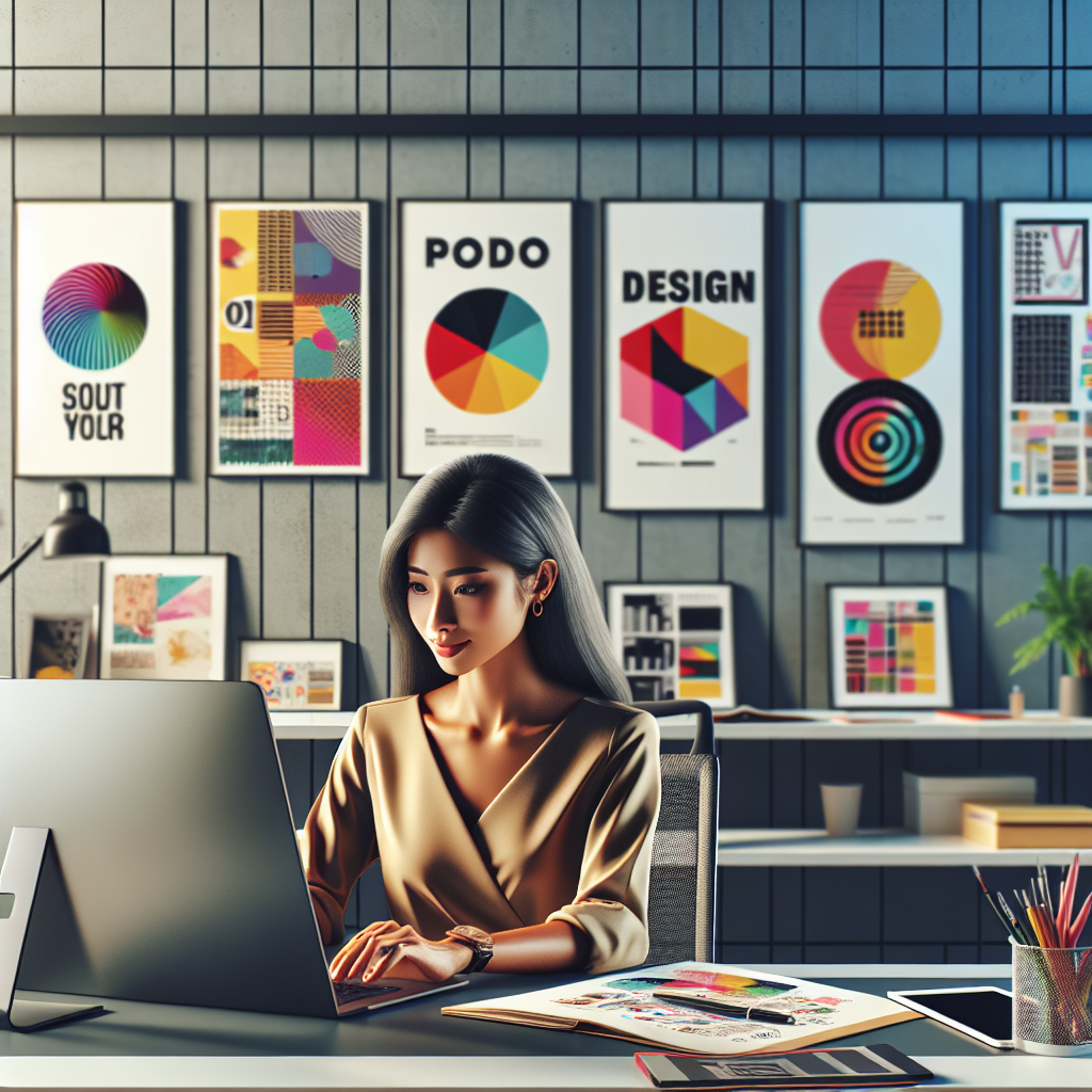 A person working on a graphic design project at a modern, stylish office desk with tools like a sketchbook, pens, and a tablet.