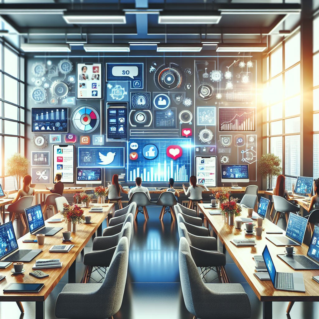 A realistic depiction of a digital workspace focused on social media marketing with various devices and vibrant screens displaying social media platforms and metrics.