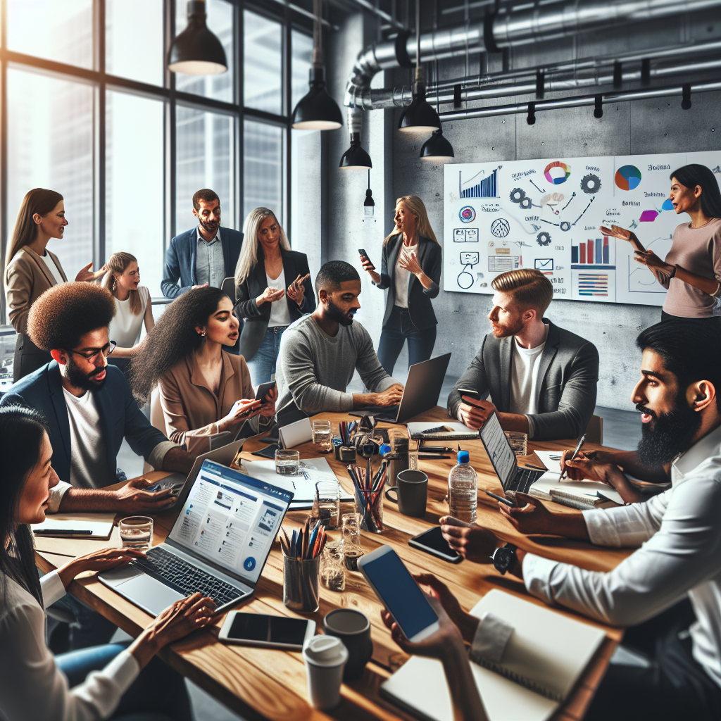 A realistic image of a social media strategy meeting.
