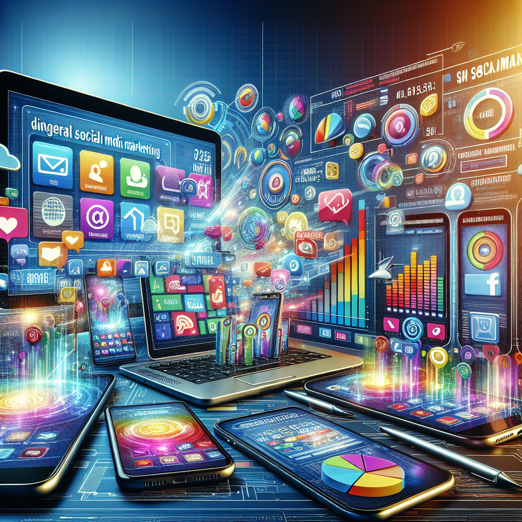 Realistic image of devices displaying social media interfaces with marketing elements in the background.