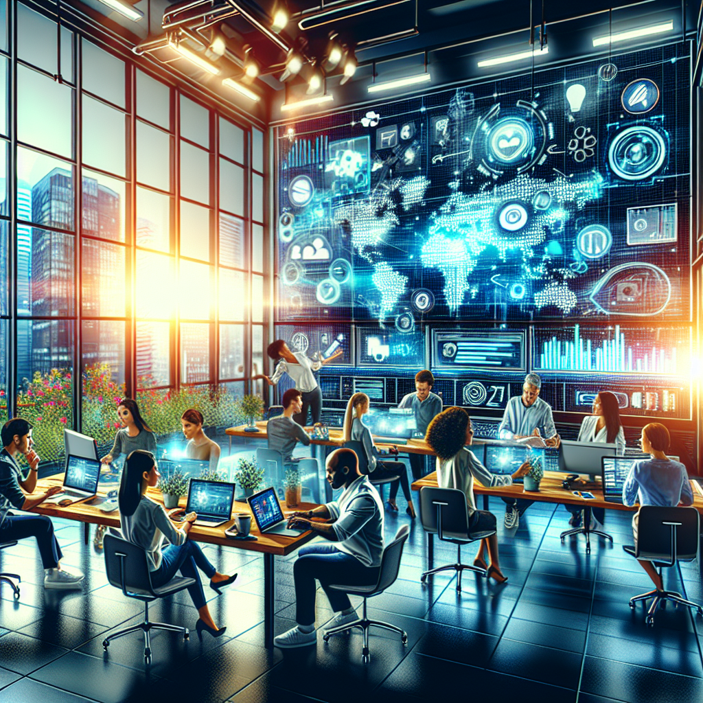 A modern office with professionals working on social media marketing, showcasing laptops, smartphones, and marketing graphics.