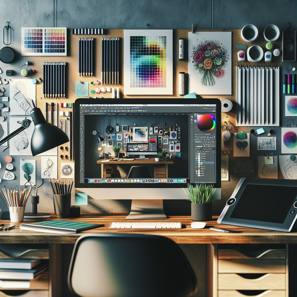 A professional graphic designer's workspace in realistic style.