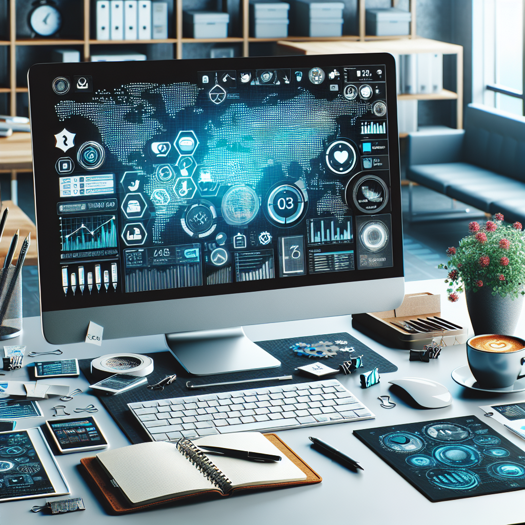 Realistic image of a computer screen showing social media strategies in a modern workspace.