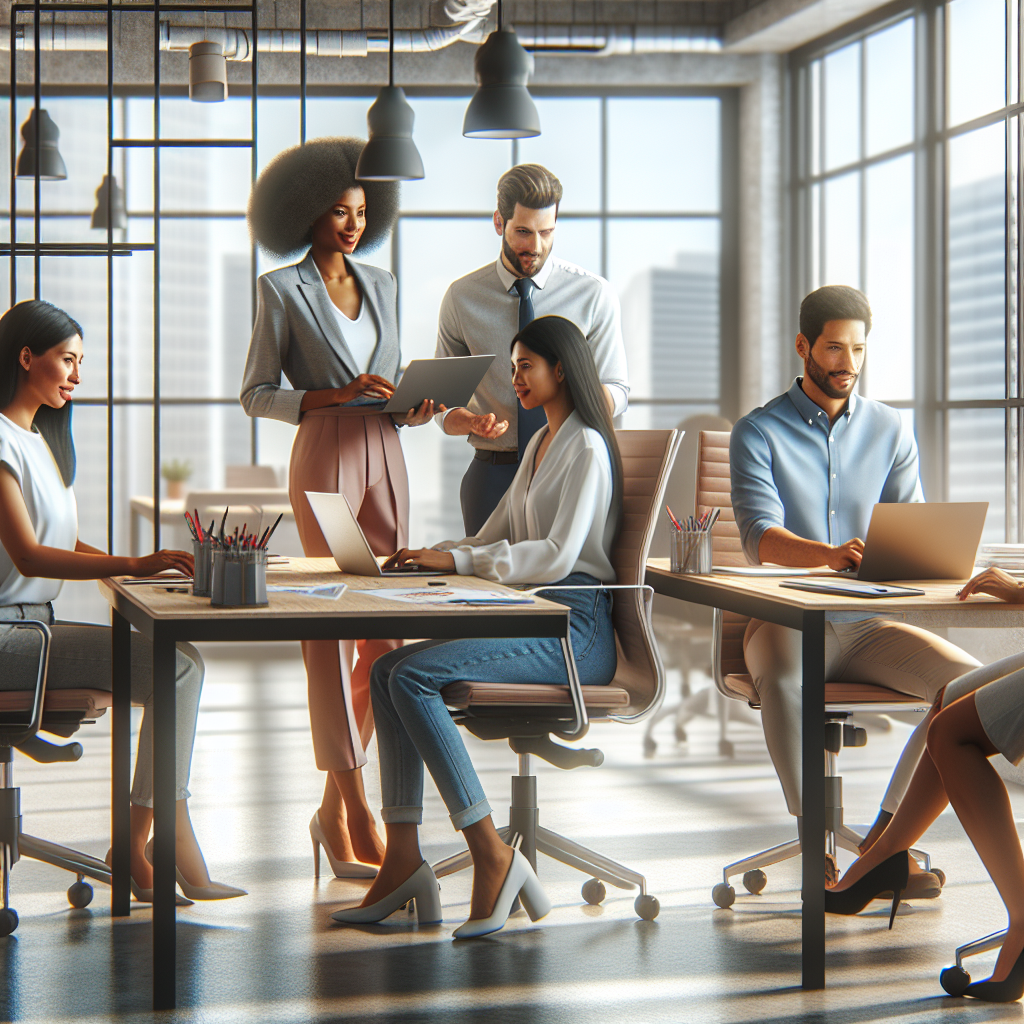 A realistic depiction of professionals collaborating in a modern office environment, showcasing teamwork and productivity.