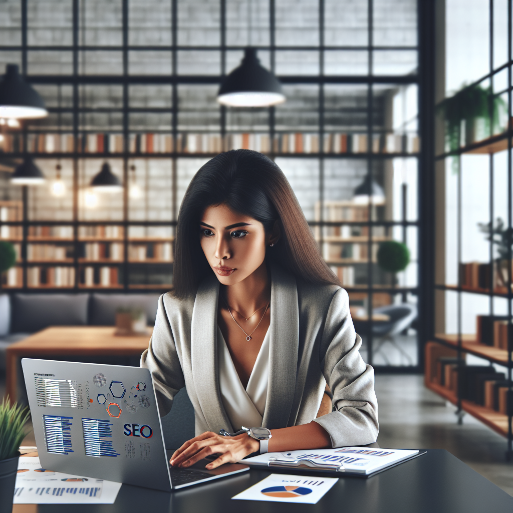 A digital marketing professional conducting SEO services in a modern office.