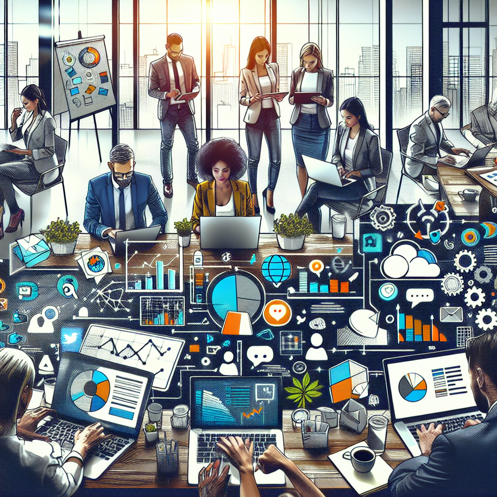 Group of professionals working on social media strategies in a modern office setting.