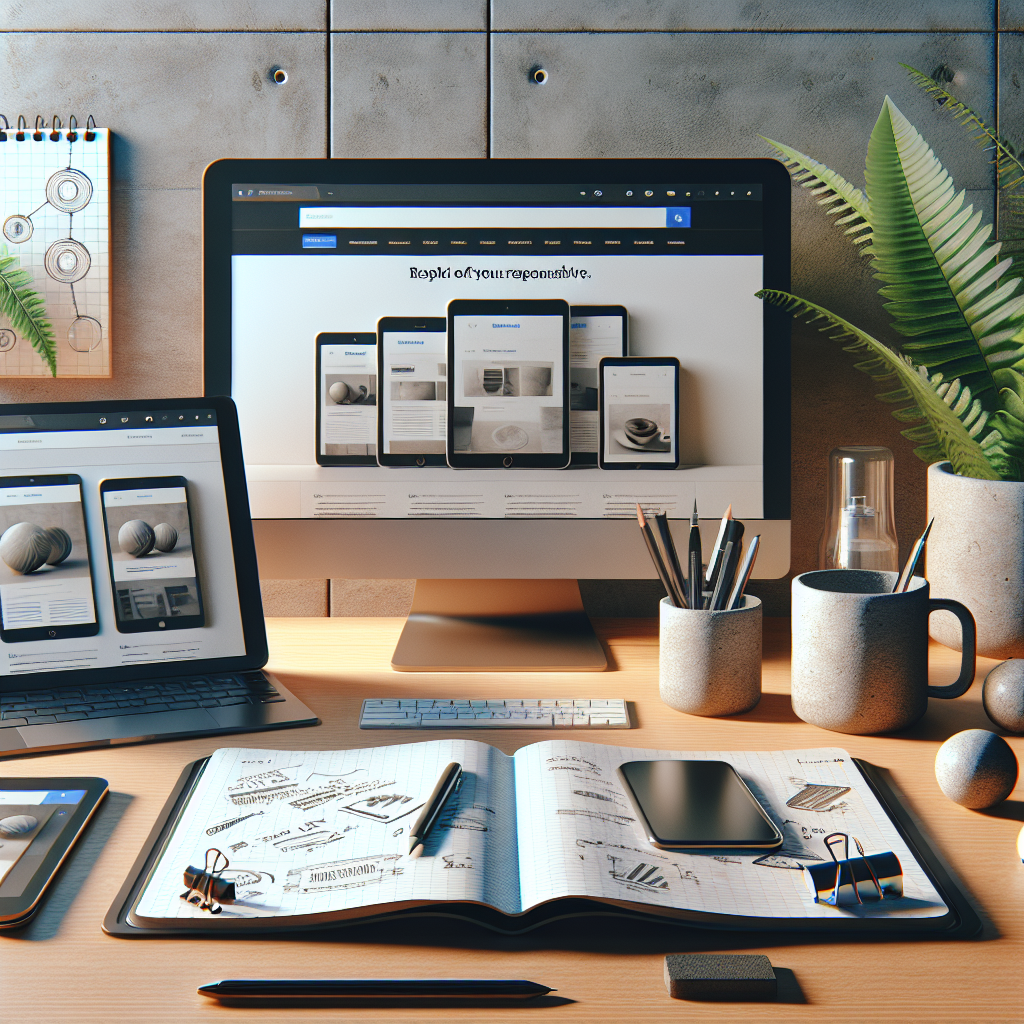 Responsive web design concept shown on multiple devices in a modern office setting.