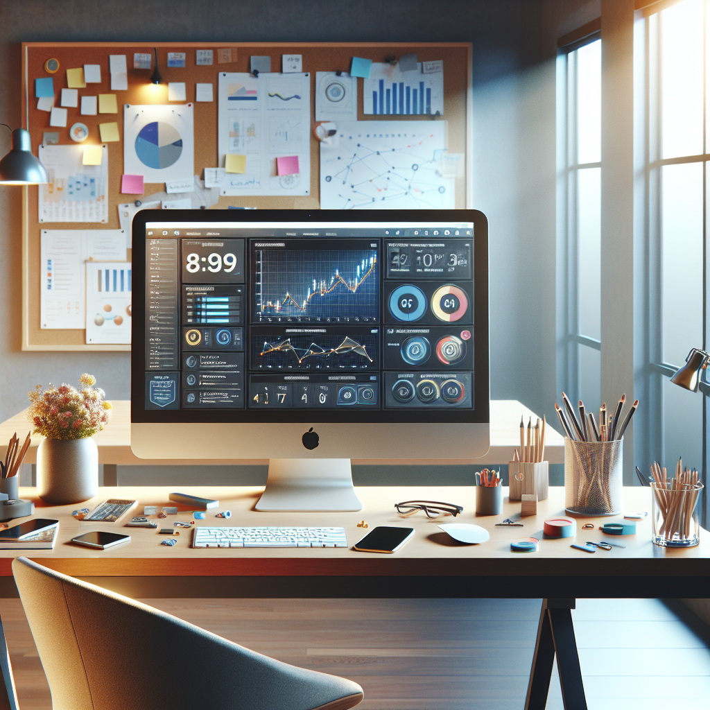 A workspace dedicated to social media management services, showcasing a computer with analytics on the screen, a smartphone, stationery, and a whiteboard with planning charts in the background.