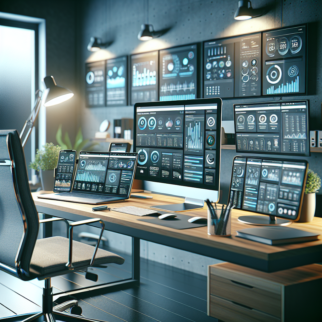A modern office setup with screens showing social media management tools.
