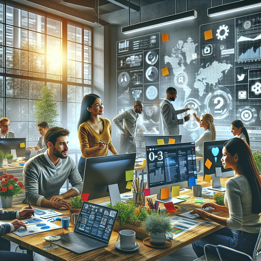 A team working on social media strategies in a modern office.