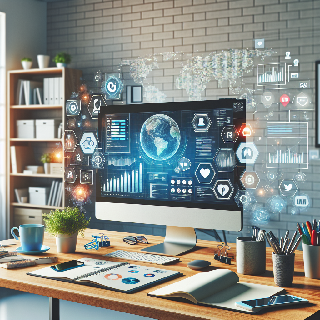 Realistic workspace of a social media strategist with computer, analytics, and tools.