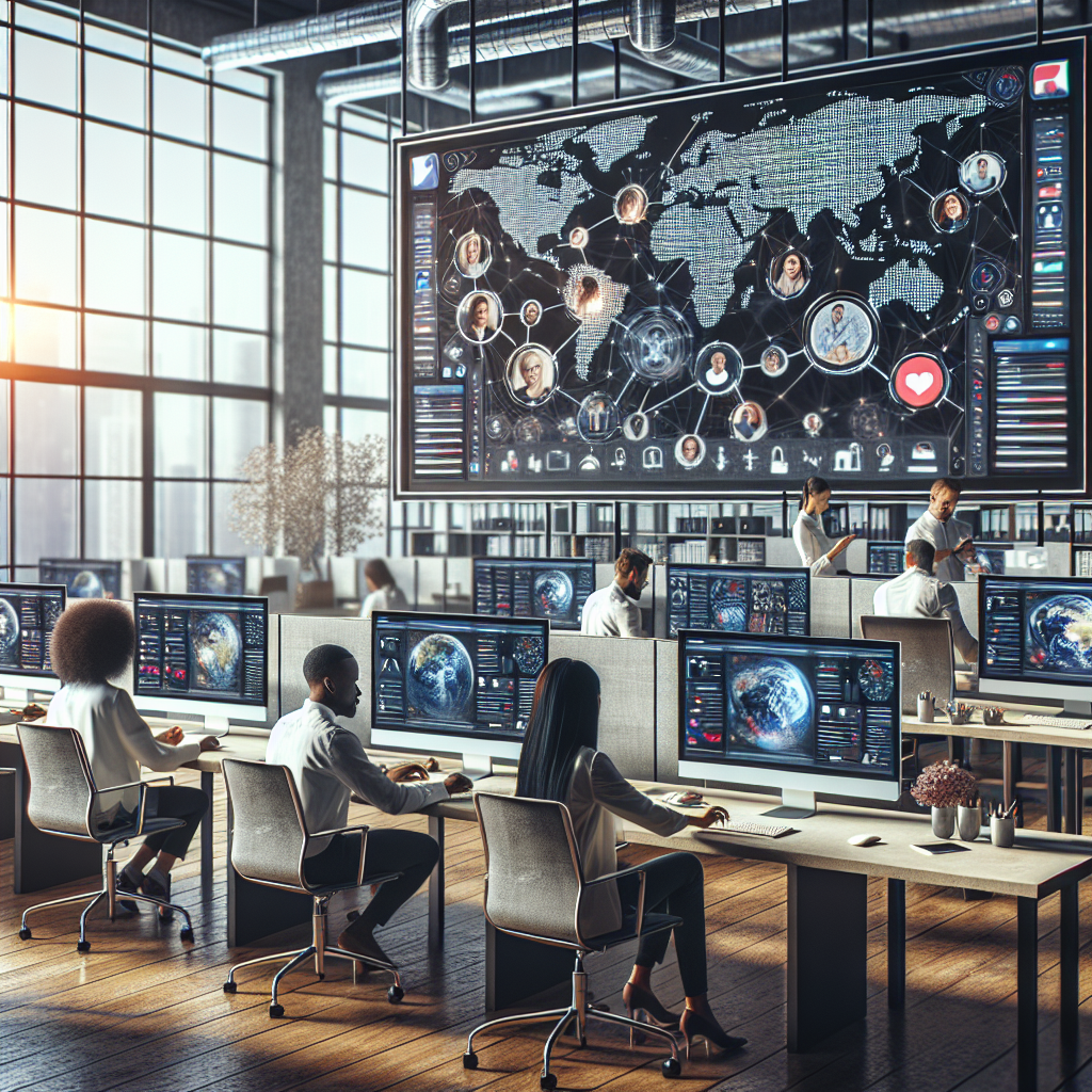 An office workspace with professionals managing social media on multiple devices in a modern, organized setting.