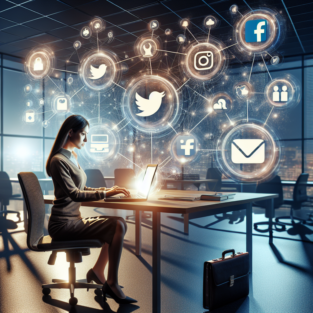 Person using social media management tools on a laptop in a modern office setting.