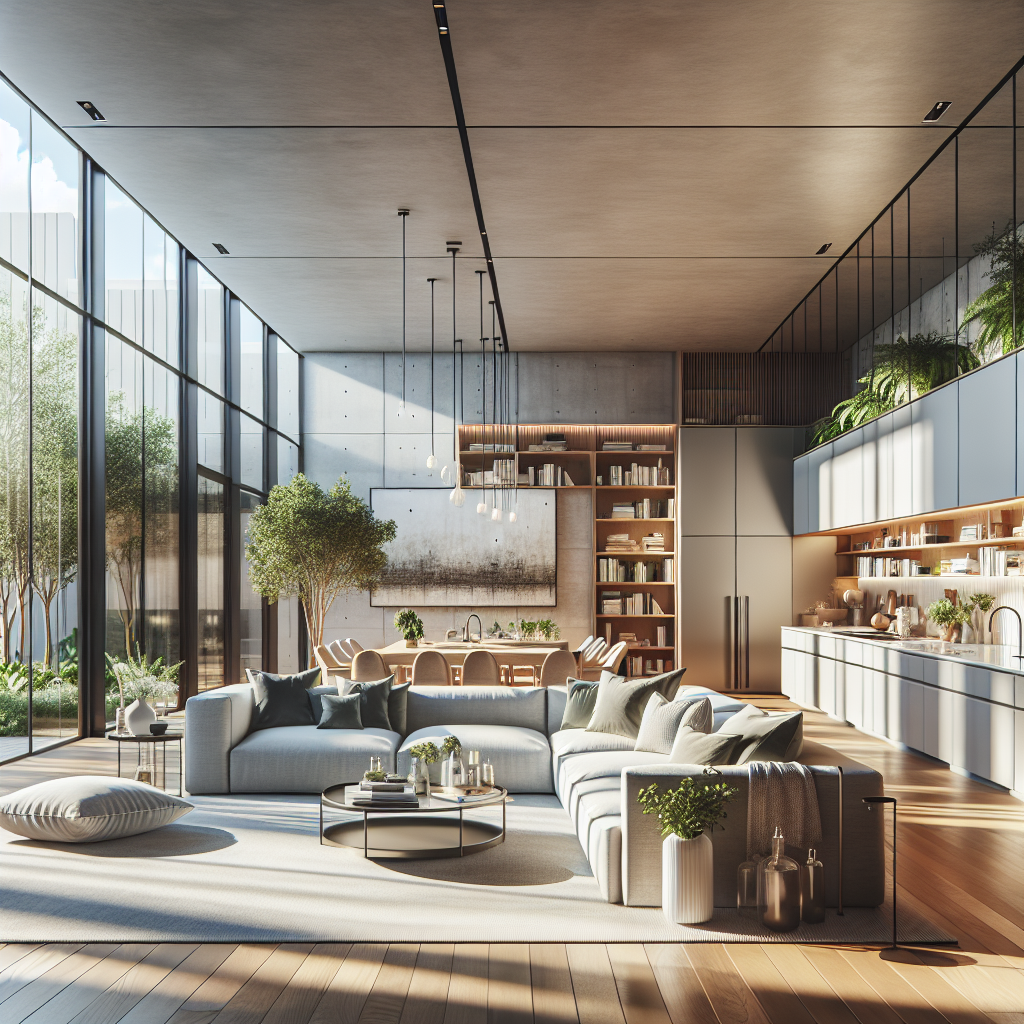 A contemporary open-plan living room with modern kitchen and minimalist furniture, illustrating modern renovation and design.