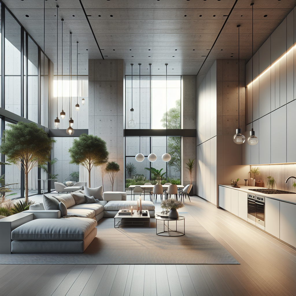 Modern open-plan living room and kitchen, renovated with a minimalist design and neutral colors, bathed in natural light.