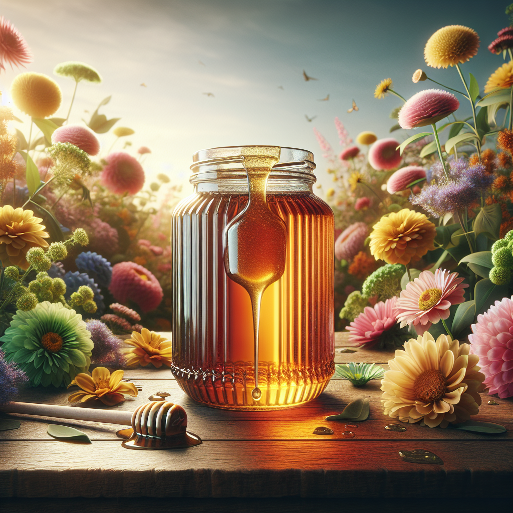 A realistic image showcasing a jar of honey on a wooden surface, surrounded by fresh flowers, with a floral landscape background, under soft, warm lighting.