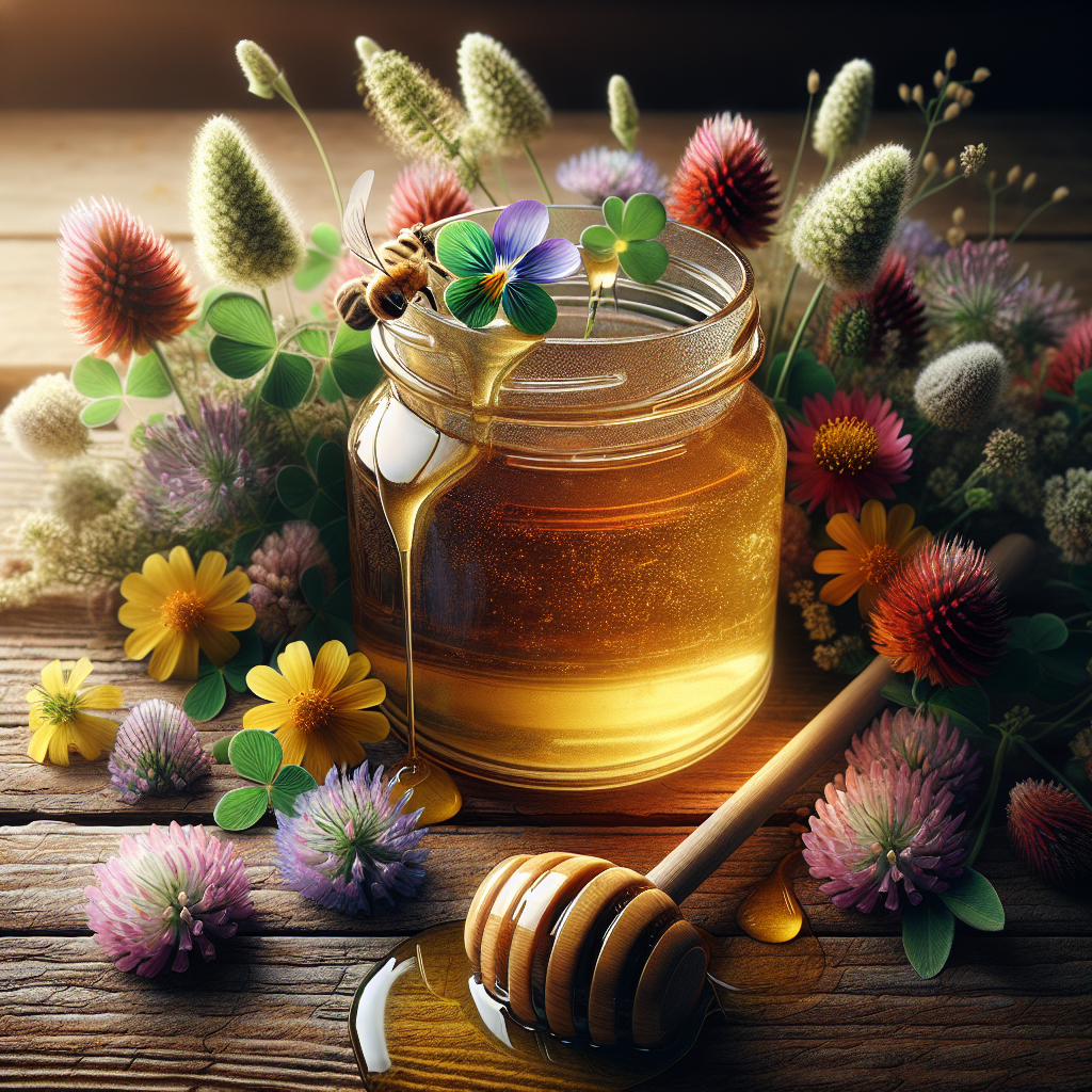 A glass jar of golden honey on a wooden table with wildflowers and a honey dipper, highlighting natural and eco-friendly vibes.