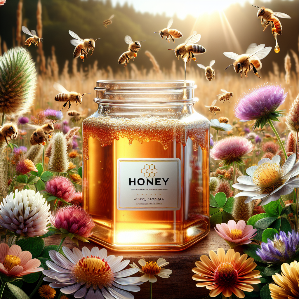 A glass jar of Uhome Honey amidst vibrant flowers with bees, under natural daylight.