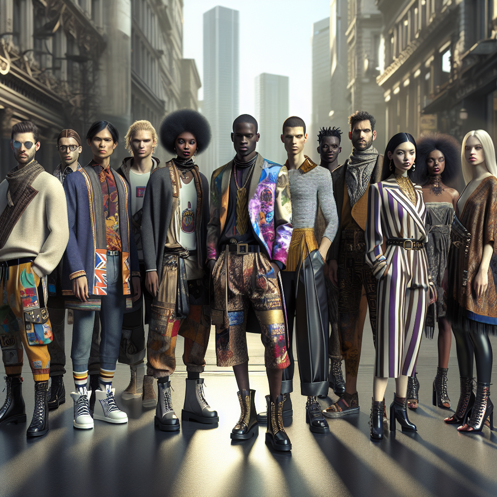 A diverse group of people in trendy, contemporary apparel on an urban street, embodying modern fashion styles.