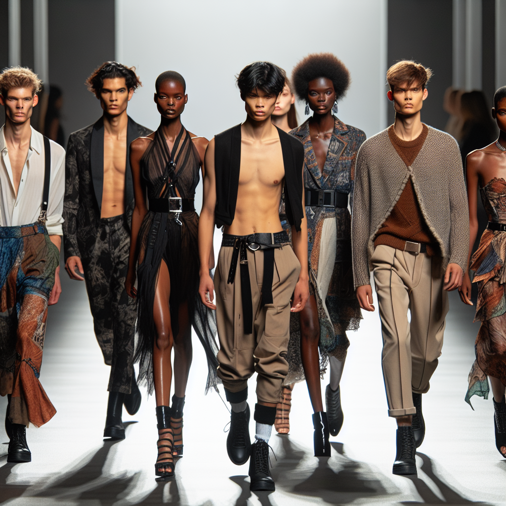 Diverse models walking on a runway at a high-end fashion show, wearing modern, trendy apparel.