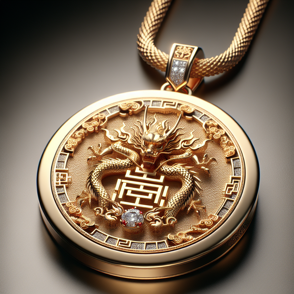 Un élégant collier en or de la collection Qeelin avec un pendentif à motif chinois, mettant en valeur le luxe et l'artisanat.