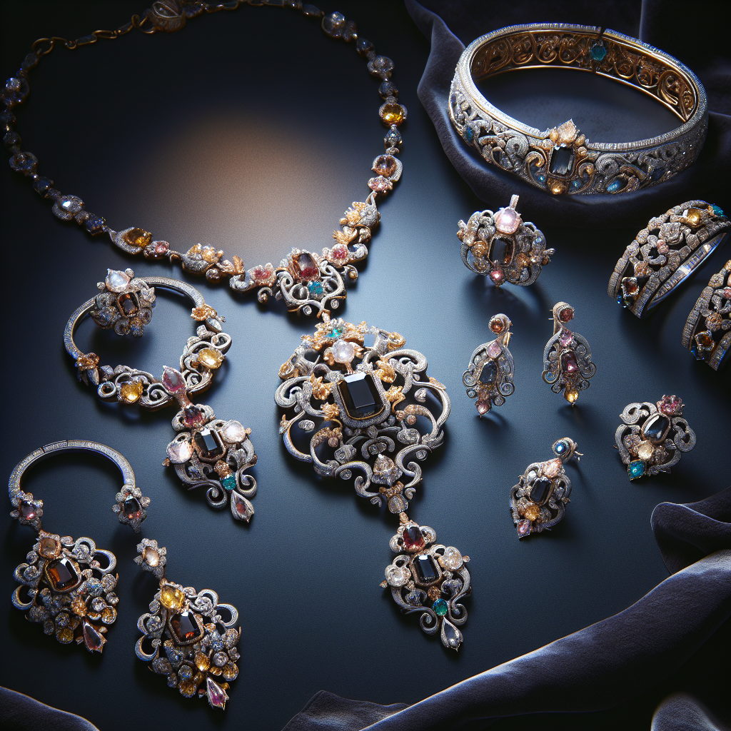 A collection of Qeelin Jewelry with Chinese mythological designs on a dark velvet background, showing intricate details and gemstones.