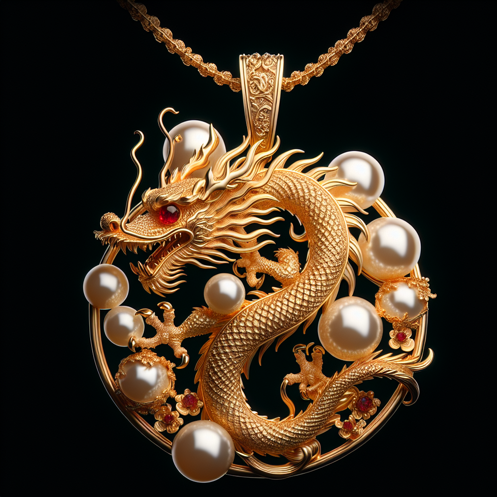 A realistic representation of a Qeelin jewelry piece featuring an intricate gold dragon pendant with ruby eyes and pearl or jade accents.