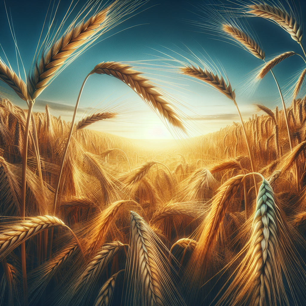 Realistic image of a ripe rye field under a blue sky, highlighting the texture and color of the grains.