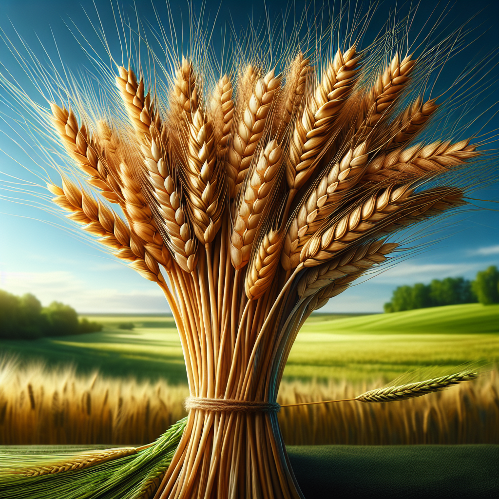 A sheaf of golden rye grains in a green field under a blue sky, realistic and detailed with a focus on natural colors and lighting.