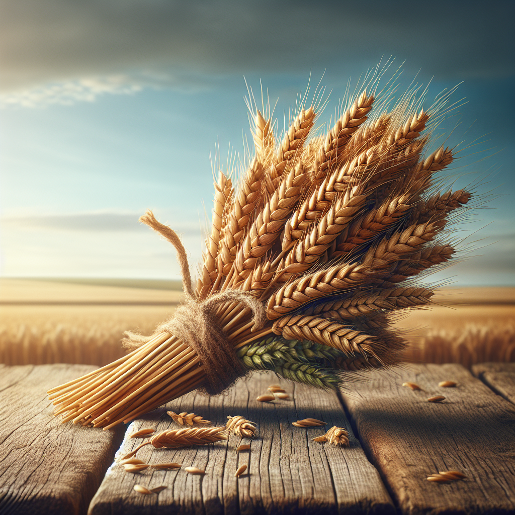 A realistic bundle of ripe golden rye stalks tied with twine, on a wooden table, with a pastoral landscape in the background