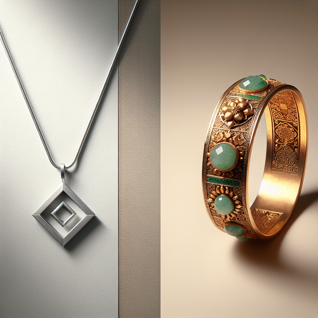 Side-by-side comparison of Gen K Jewelry's minimalist silver necklace and Choo Yilin's ornate gold and jade bangle.