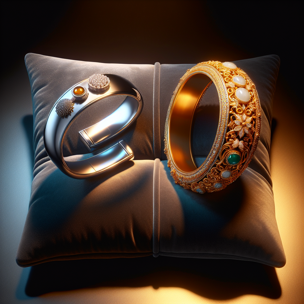 Two jewelry pieces on a cushion: a sleek, modern Gen K bracelet on the left, and an ornate Choo Yilin jade bangle on the right, representing contrasting styles.