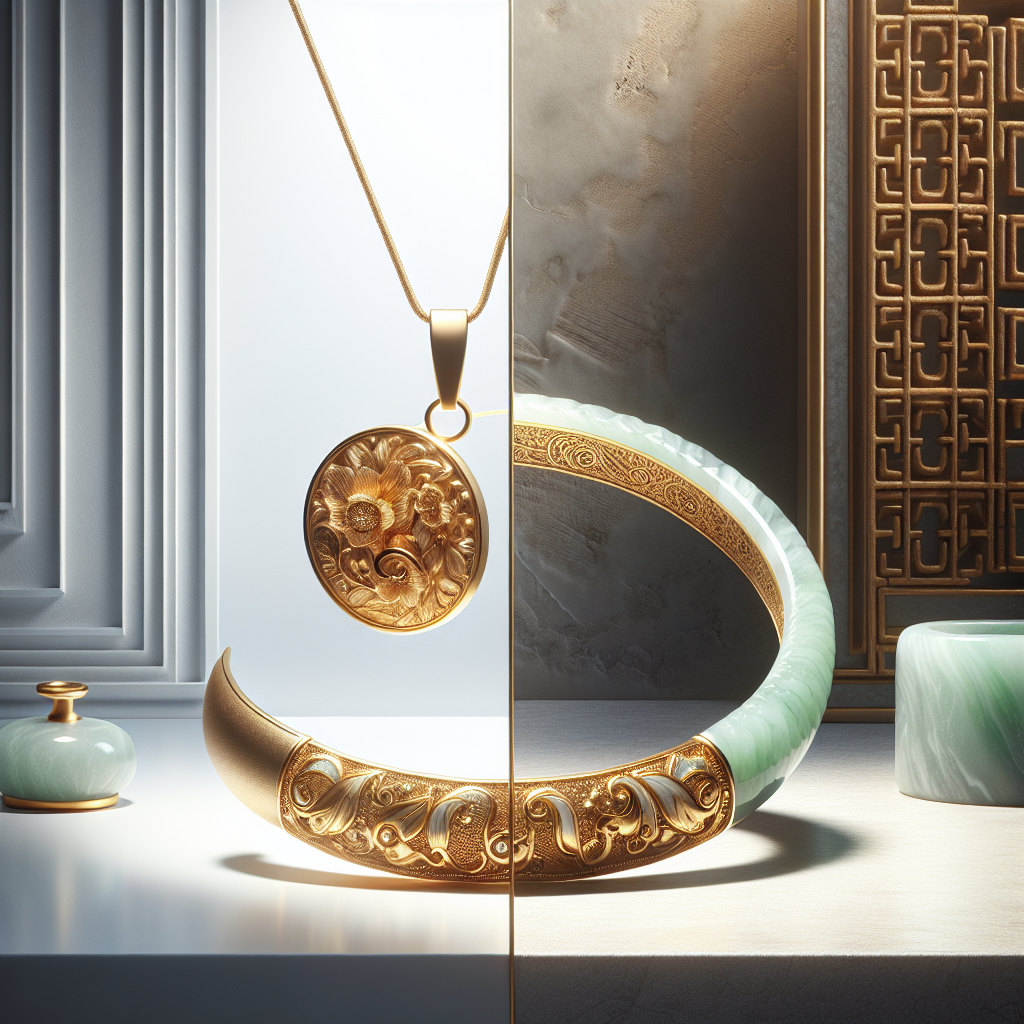 An image contrasting two styles of jewelry: minimalist Gen K Jewelry with a gold necklace and intricate Choo Yilin jewelry featuring a jade bangle.