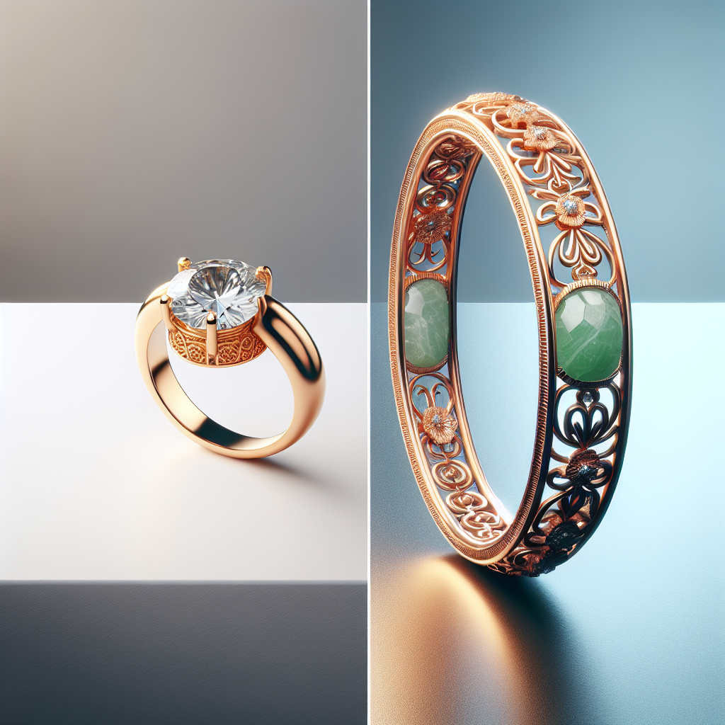 Side by side realistic image of a Gen K minimalist gold ring with a diamond, and a Choo Yilin traditional jade bangle with rose gold filigree.