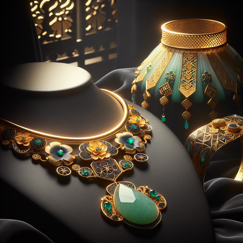 Realistic depiction of a bold, modern-traditional hybrid necklace for Gen K Jewelry and an ethereal jade bangle with delicate metalwork for Choo Yilin, both displayed on black velvet.