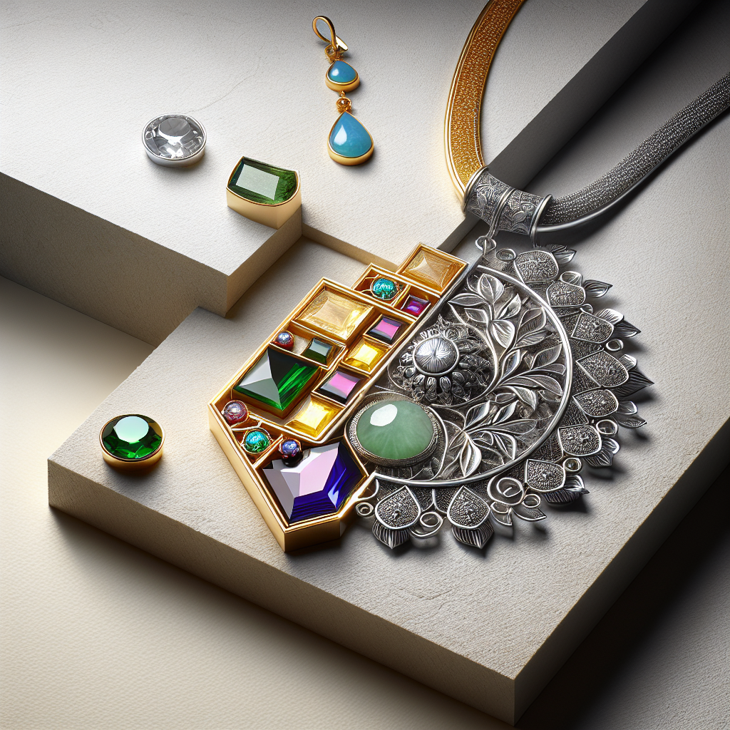 Realistic image contrasting Gen K Jewelry's bold, modern necklace and Choo Yilin's delicate, traditional pendant.