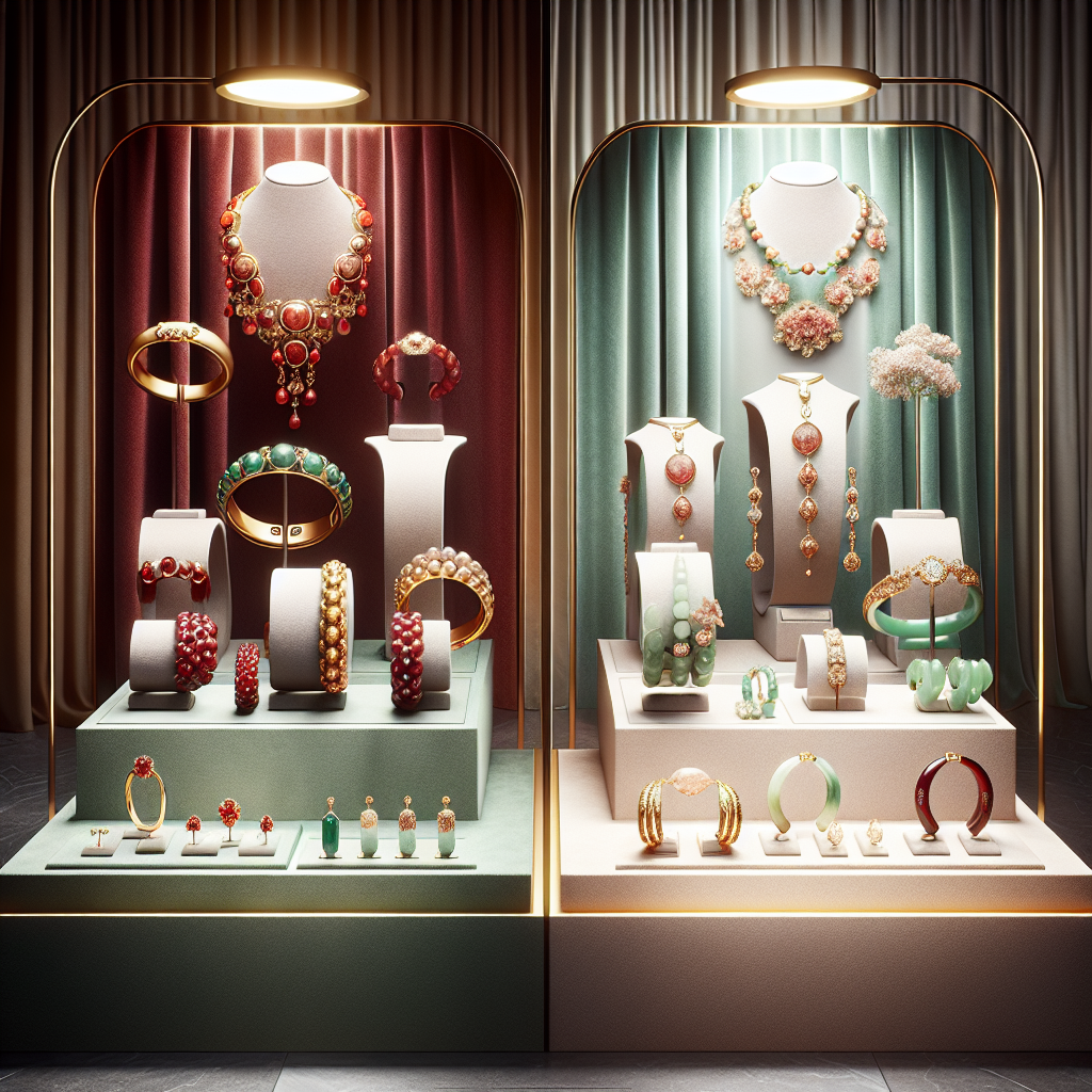 Two sections of a luxury jewelry store displaying Gen K Jewelry's bold designs on the left and Choo Yilin's ethereal, heritage-inspired jewelry on the right.