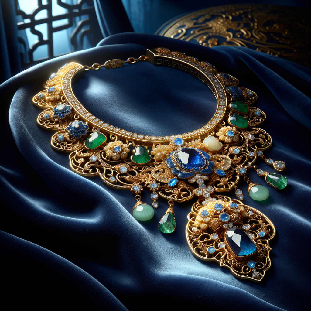 Realistic depiction of a gold necklace with jade and diamond pendant on royal blue velvet, highlighting luxury and Chinese cultural heritage.