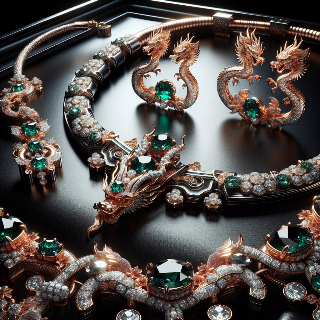 Detailed, realistic Qeelin Jewelry with necklace and earrings with Chinese motifs in emeralds and diamonds, placed on black velvet under soft lighting.