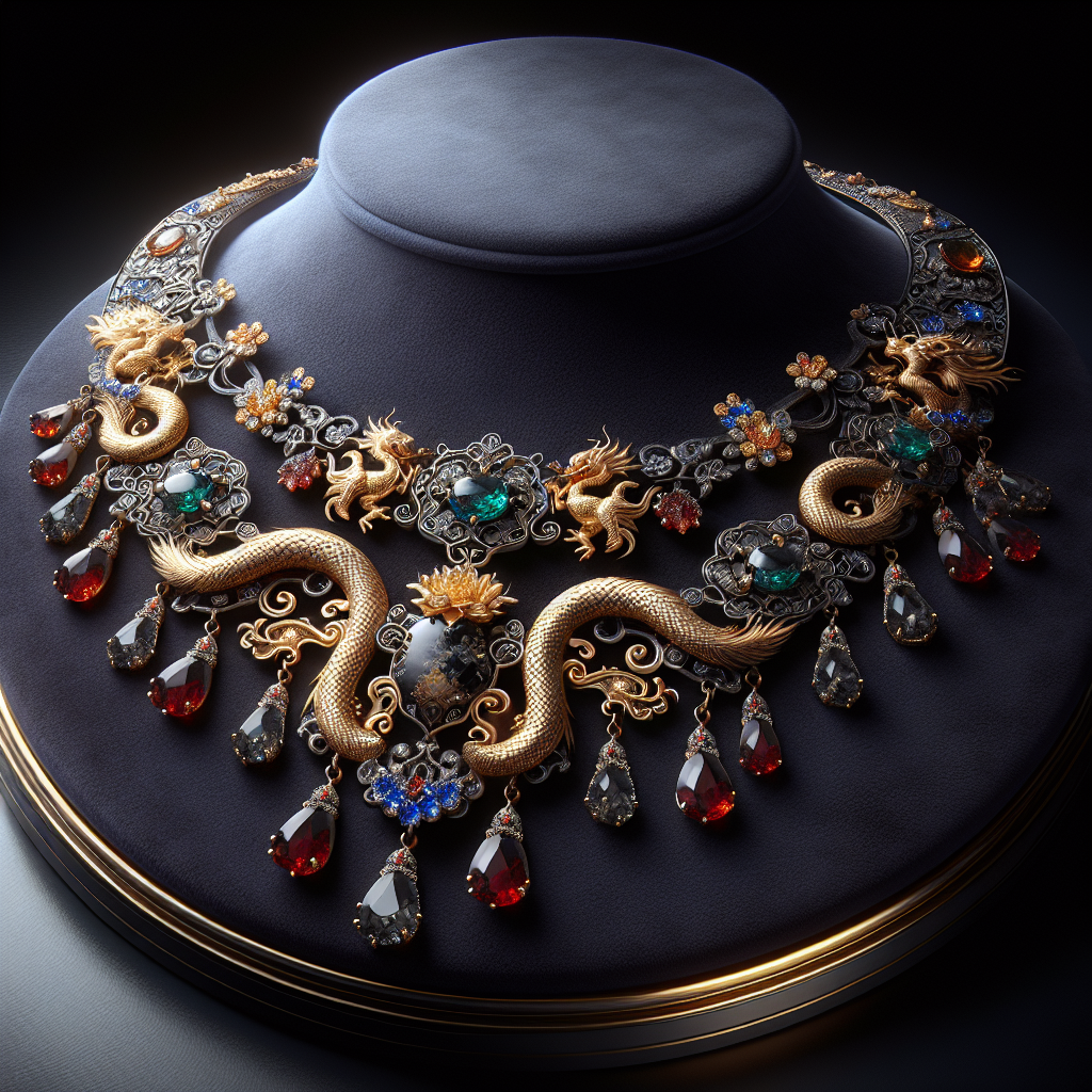 Realistic image of a Qeelin necklace with traditional Chinese motifs, detailed metalwork, and precious gemstones on a dark velvet stand.