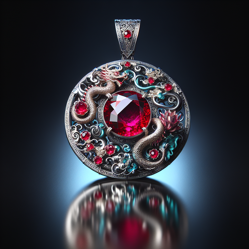 Luxurious Qeelin pendant with Chinese motifs and a centerpiece gemstone on a reflective dark surface.