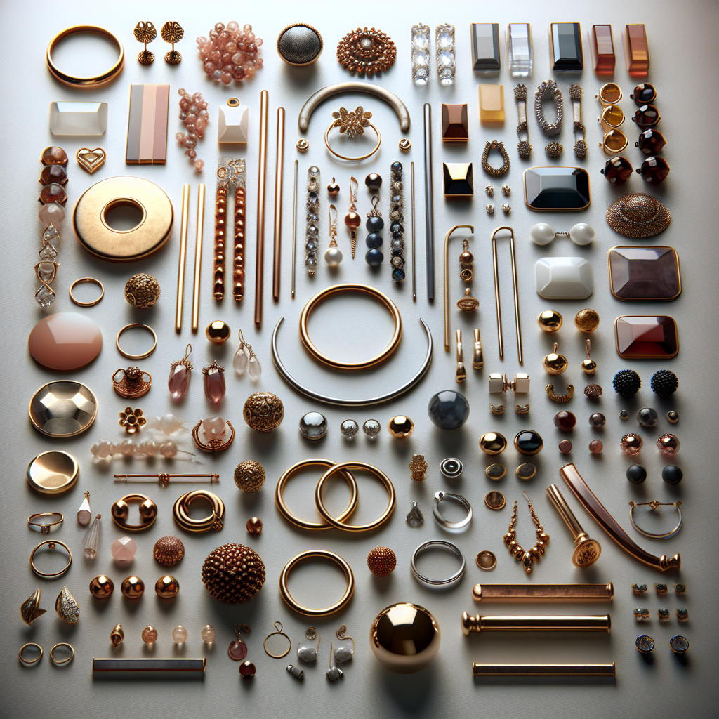 Assorted fashion jewelry materials including traditional metals and innovative materials, displayed on a neutral background.