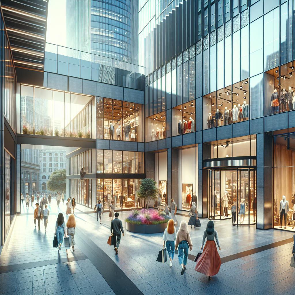 Realistic image of the entrance of Punggol Plaza with stylish boutiques, chic cafes, and shoppers.