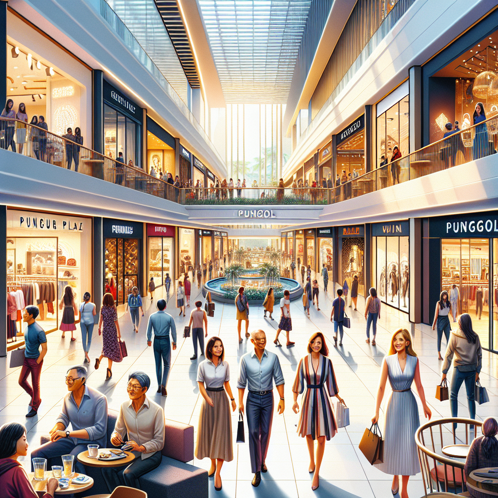 A realistic image of Punggol Plaza's interior with stylish boutiques, chic cafes, and fashionable shoppers.