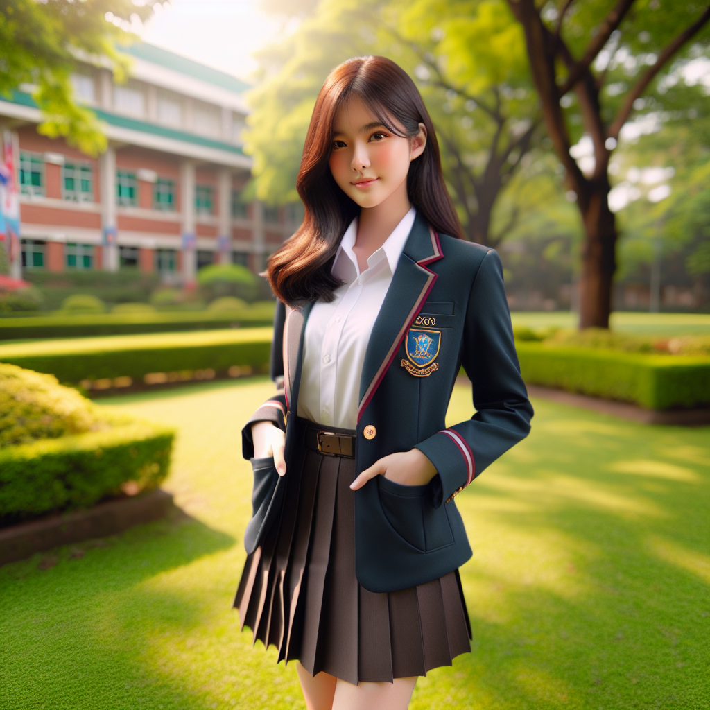 A JC student wearing a uniform in front of a green school campus.