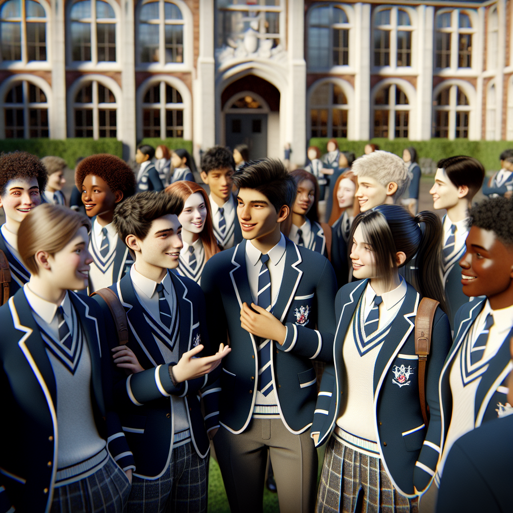 A group of high school students in well-designed JC uniforms standing in a school courtyard.